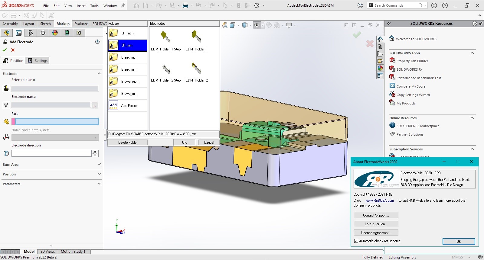 R&B ElectrodeWorks 2022 SP1 for SolidWorks 2015-2024  EDM电极设计与制造工具